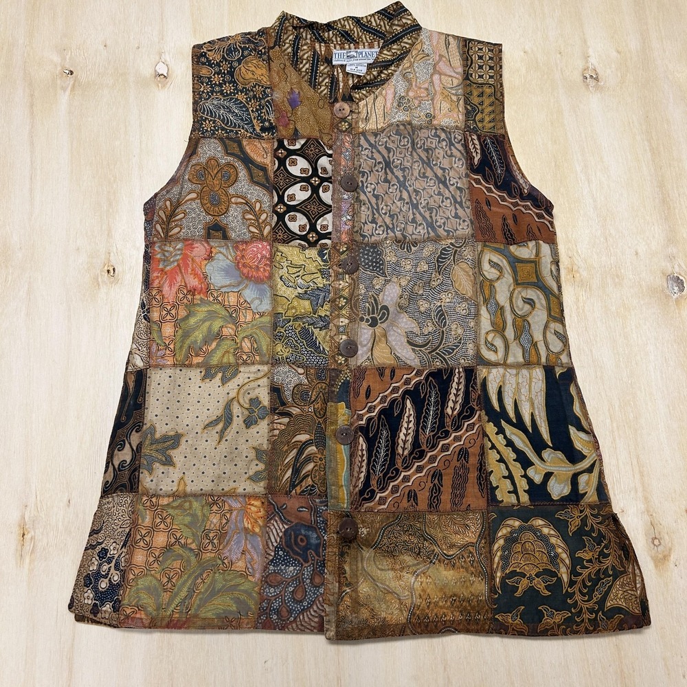 The Planet Vest Womens Medium Brown Batik Patchwork Cotton Button Front Collared